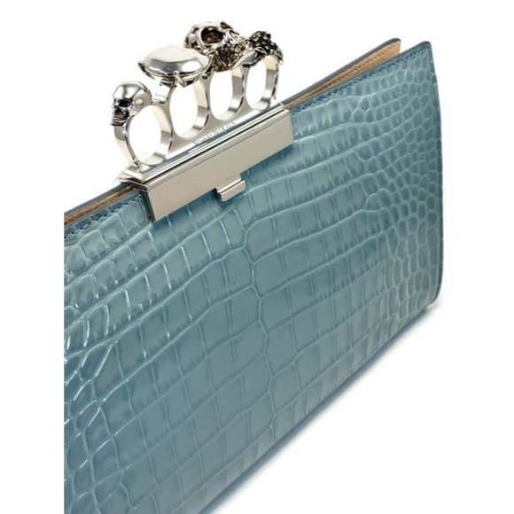 Alexander Mcqueen Skull Four Ring Croc Embossed Blue Leather Clutch - Picture 3 of 12